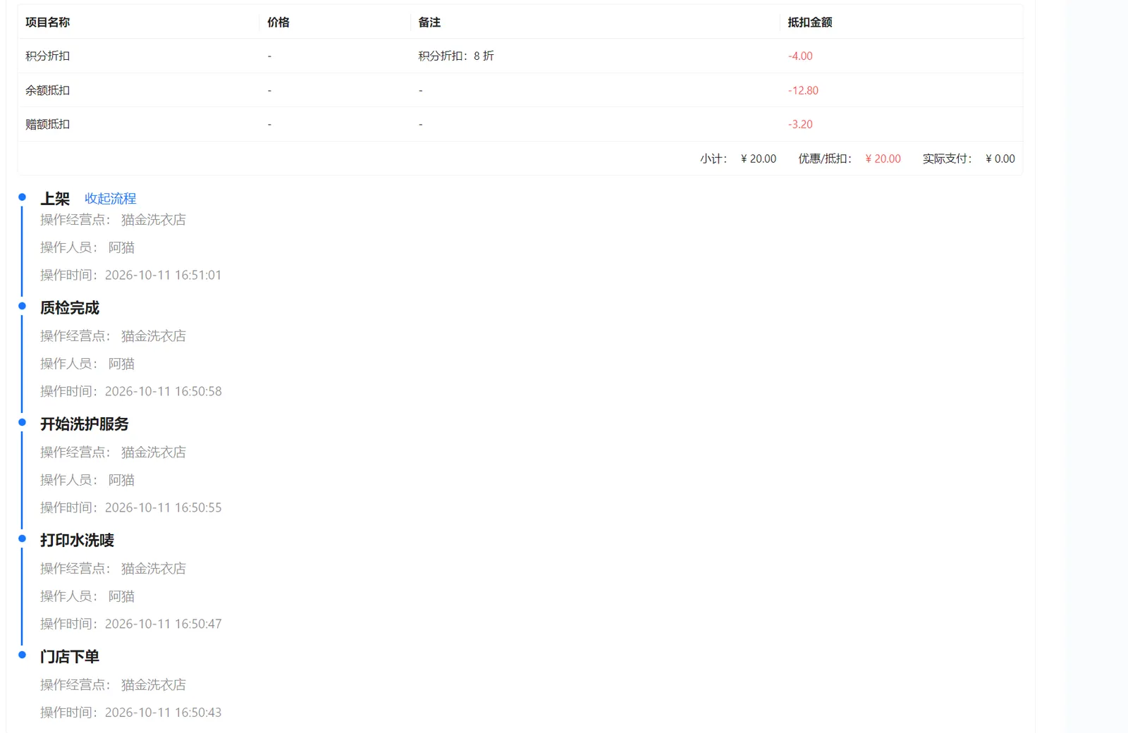 洗护订单的流程记录及操作经营点、人员和时间