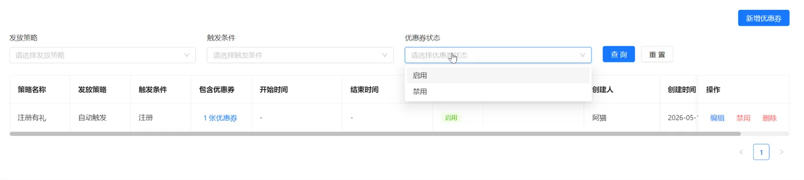 优惠券状态筛选包含启用和禁用