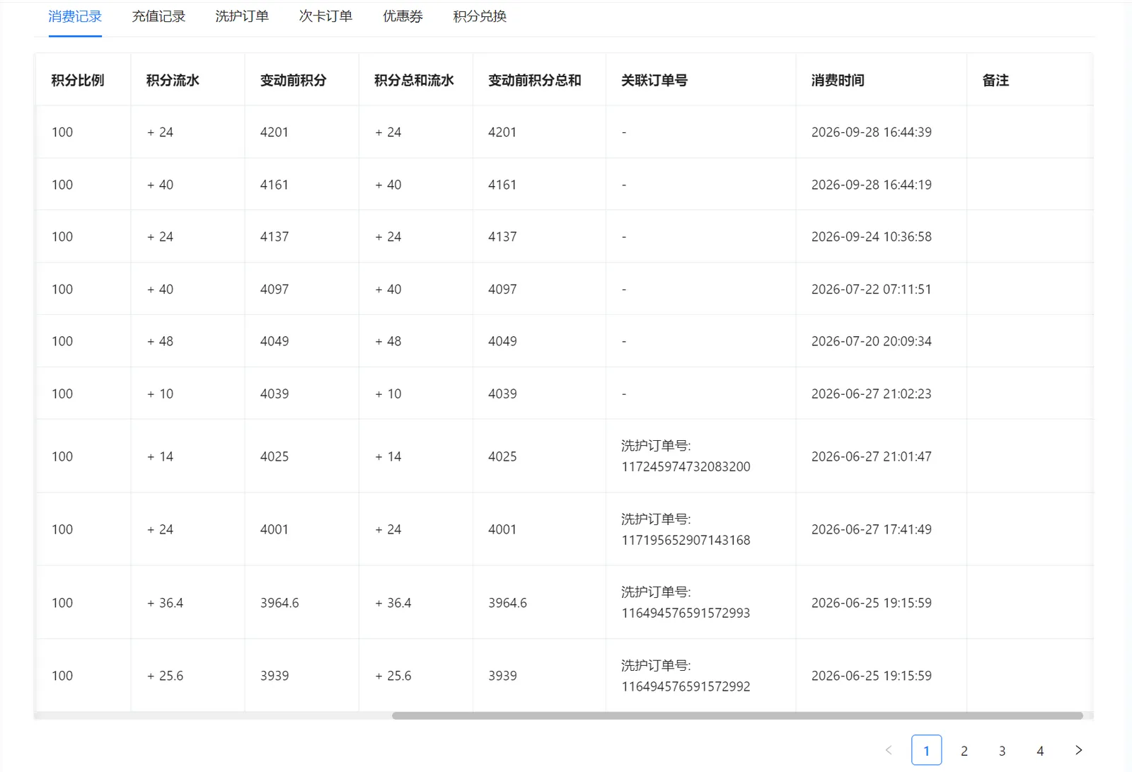 横向滚动后查看积分、关联订单、消费时间和备注