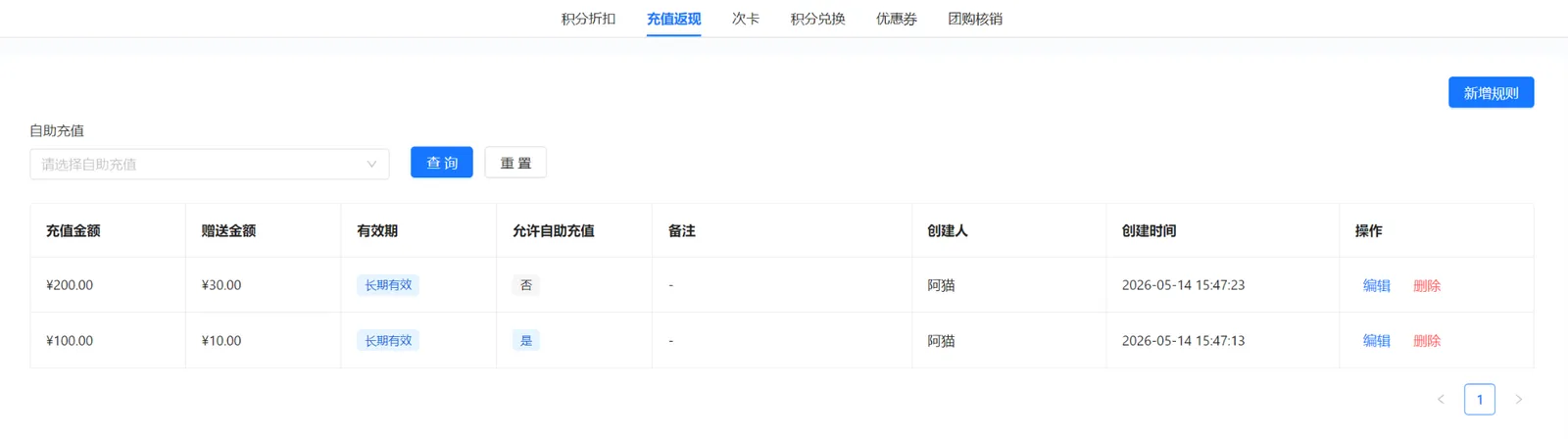 衣小满充值返现规则列表显示充值金额赠送金额有效期和允许自助充值