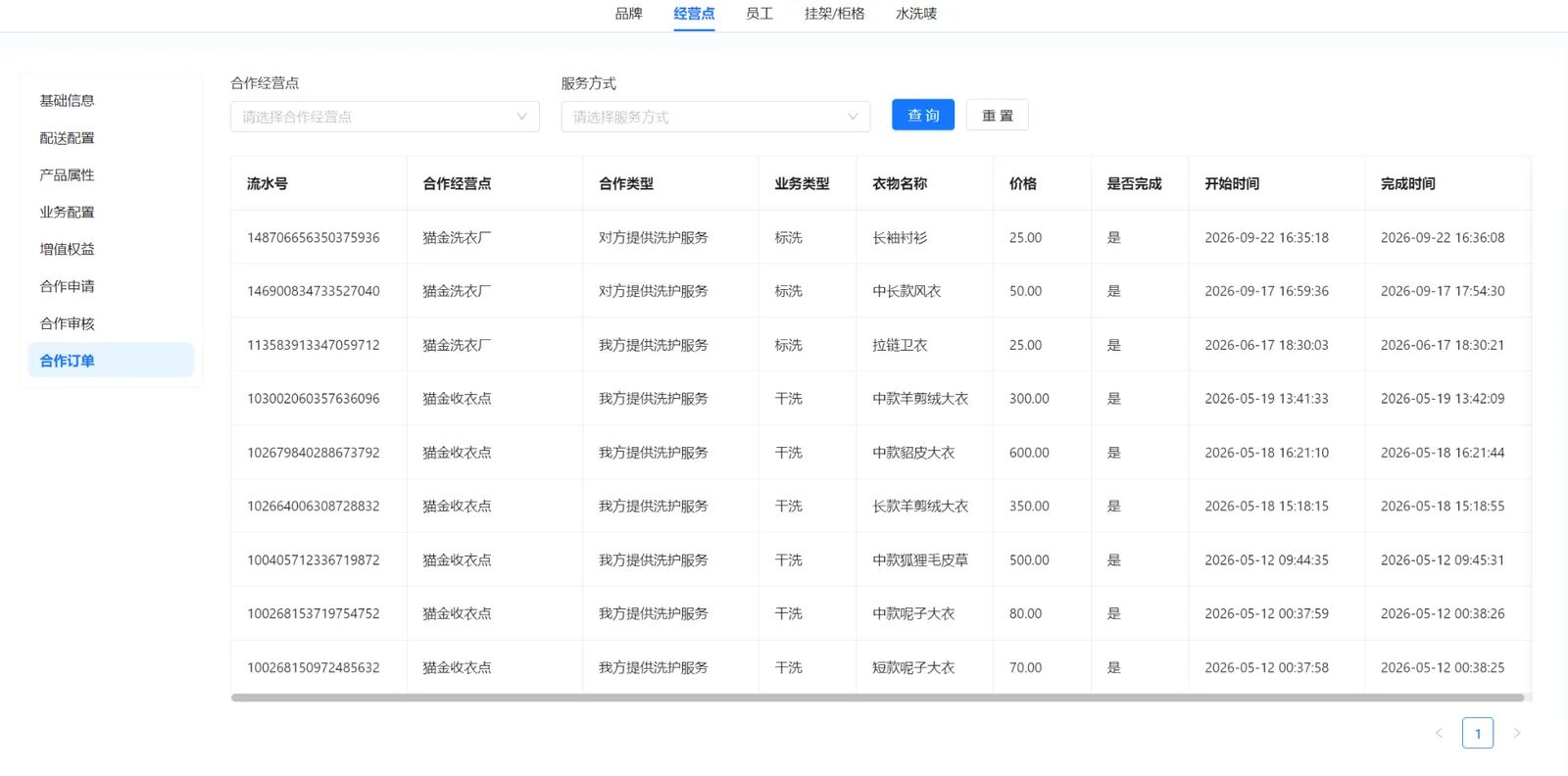 衣小满合作订单页面，展示合作经营点和服务方式筛选，以及衣物、价格、完成情况和时间列表